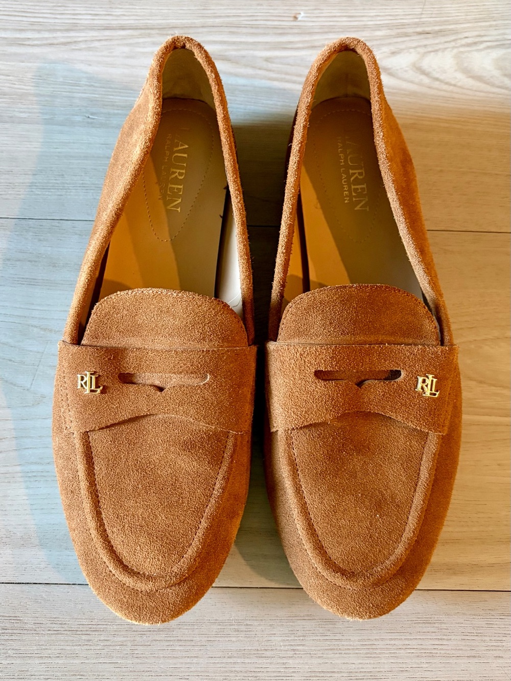 Ralph Lauren Tan Suede Penny Loafers with Gold RL Hardware